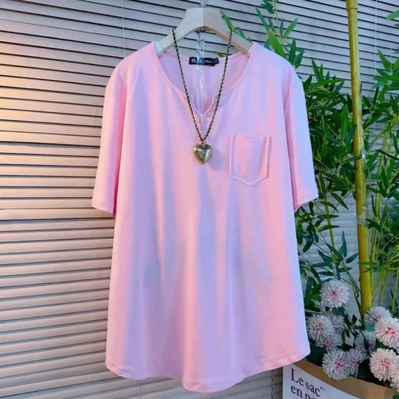 V Neck Pockets Patchwork Lazy Tops Short Sleeve Loose Solid Simplicity Casual T Shirts Summer New Fashion Trend Women Clothing