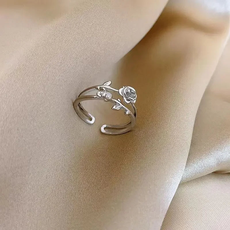 Fashion Goth Double Layer Rose Couple Rings for Men Women Retro Opening Stainless Steel Thorns Punk Finger Ring Jewelry Y2k Gift