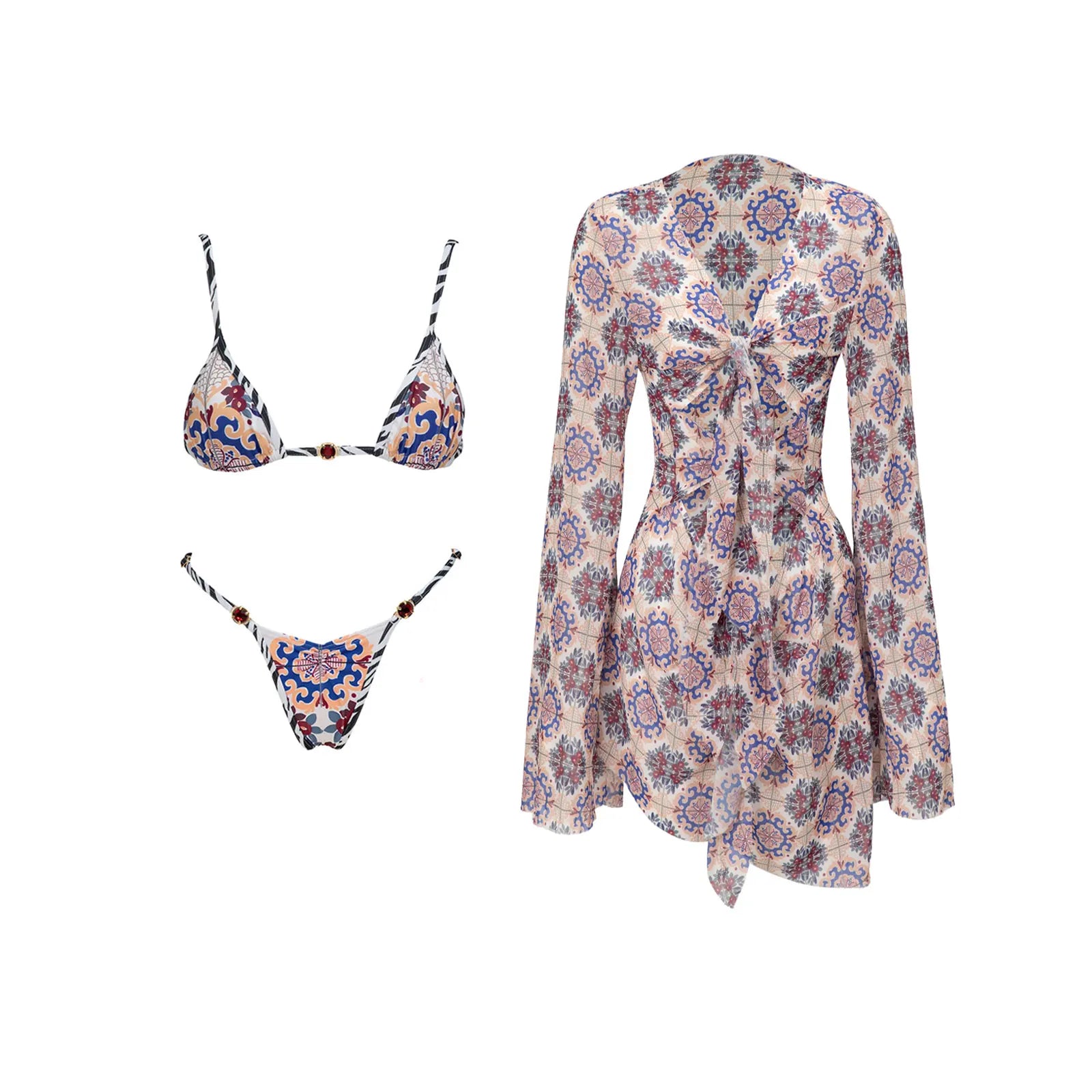 Maillot de bain 3 pièces push-up 2026 à imprimés rétro avec pantalon en maille, maillot de bain sexy pour femme, paréo de plage à bretelles