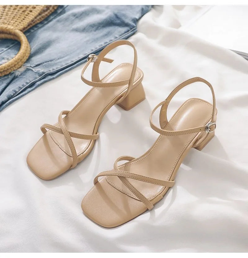 Comemore Comfortable 2023 Summer Block Heel Women's Sandals Girl Shoes Black Outer Wear Fashion Elegant Medium Heels Footwear 40