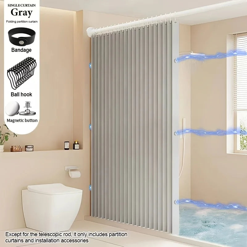 Magnetic Foldable Linen Bath Curtain Waterproof for Walk-In Shower - No Included Adjustable Rod