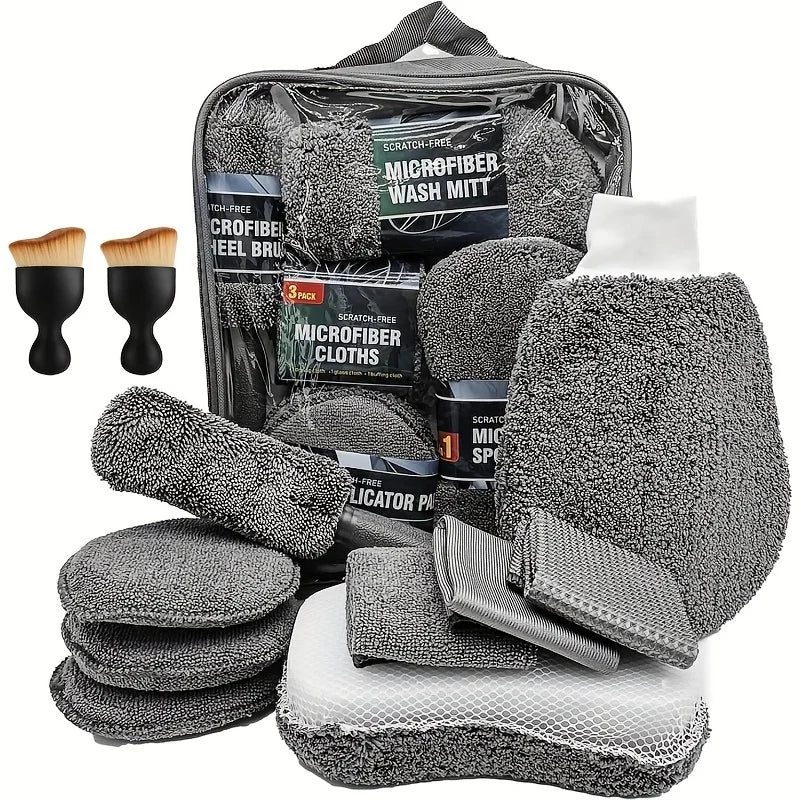 SEAMETAL 11pcs Microfiber Car Cleaning Kit Upgrade Car Wheel Tire Brush Sponge Towel Detailing Mitts Clean Pads with Storage Bag