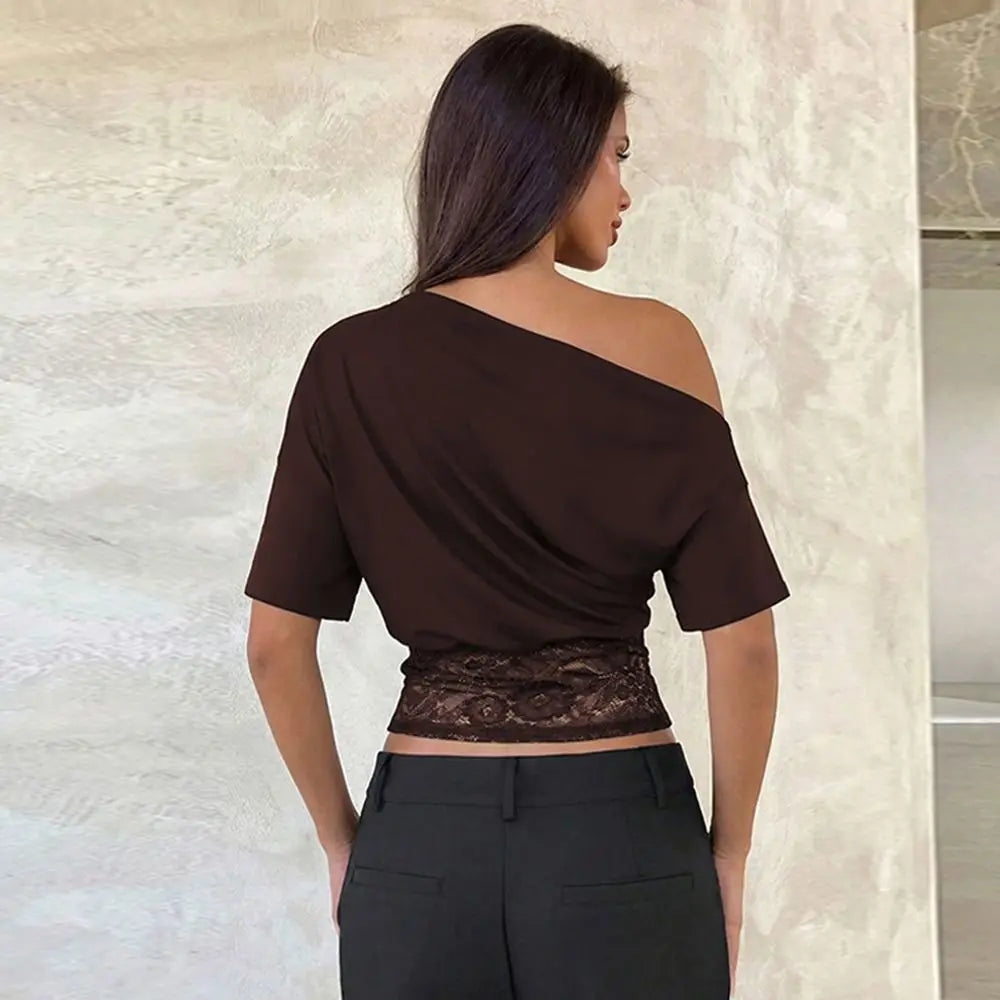 Off-Shoulder Lace Patchwork Top Waist-Defining Lace-Trimmed See Through Top See Through Fabric Sleeveless Women Tops