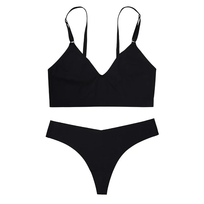 Ensemble de Soutien-Gorge Sans Couture Femme Lingerie Ensemble String Taille Basse en V Culotte Soutien-Gorge Triangle Sans Armature Brassière Ensemble de Sous-Vêtements Sexy Femme