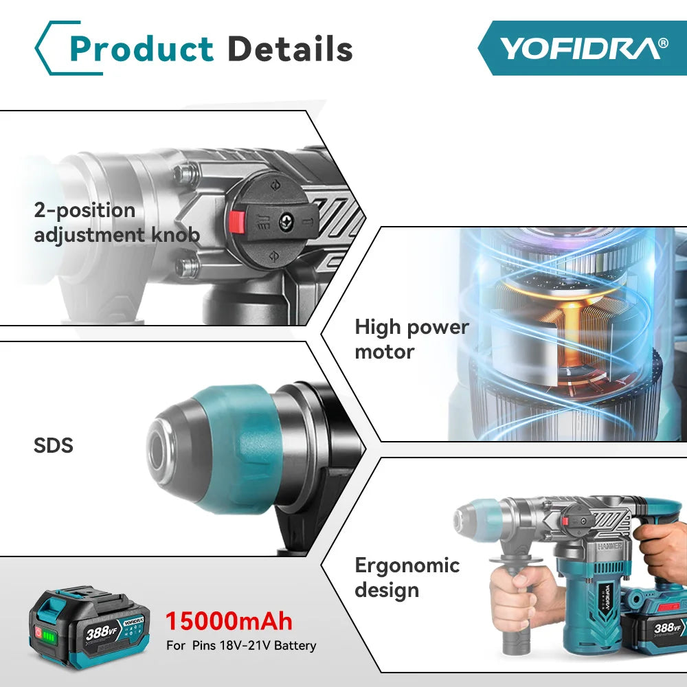 Perceuse à percussion sans fil multifonctionnelle sans balais 26 MM, outil de perçage rotatif pour batterie Makita 21 V.