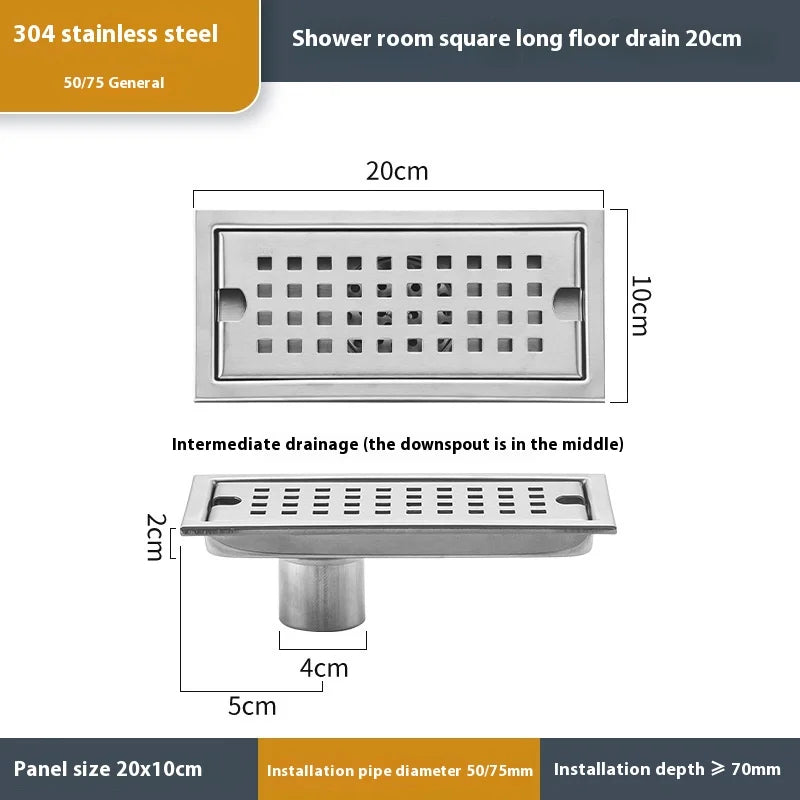 20-60cm Acier Inoxydable Carré Long Drain de Plancher Salle de Bain Égout Rectangulaire Drain de Plancher Grand Débit Drainage de Salle de Bain