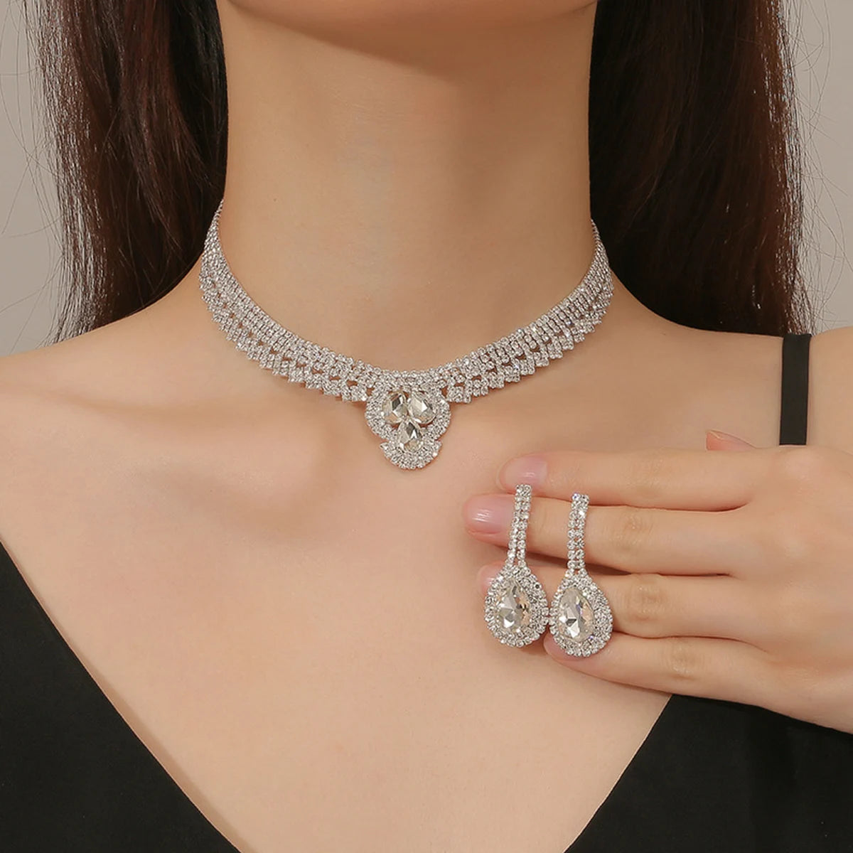 3pcs Women's Jewelry Set Rhinestone Earrings Necklace New Wedding Party Luxury Fashion Accessories-4068