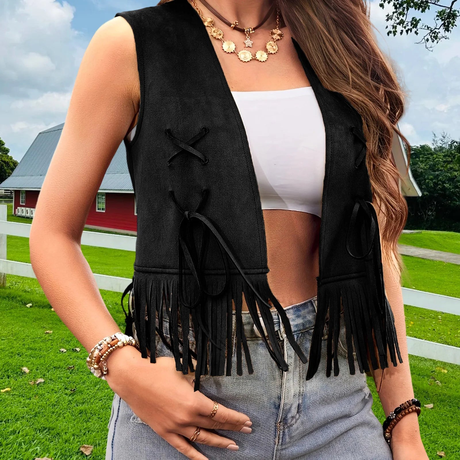 Women Aesthetic Faux Suede Ethnic Sleeveless Jackets Fringe Tassels Hippie Open Front Cardigan Vintage Cowgirl Waistcoat Vests