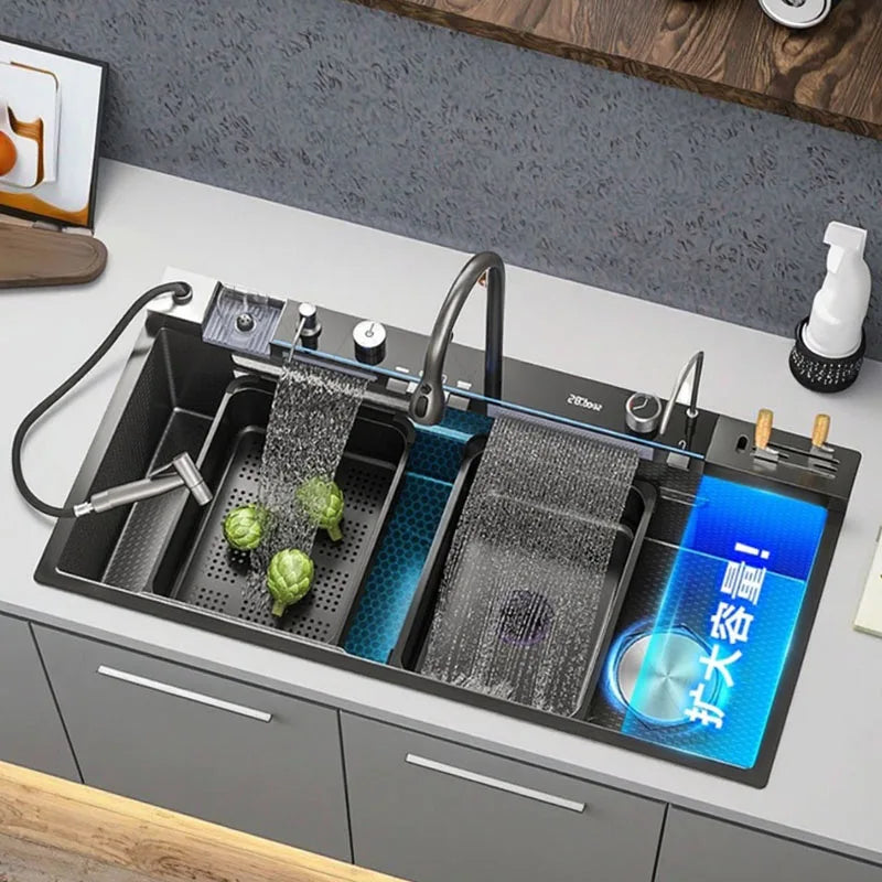 Stainless Steel Kitchen Sink with Faucet Digital Display Large Single Bowl Waterfall Rain 5 Functions System Dish Basin Sink