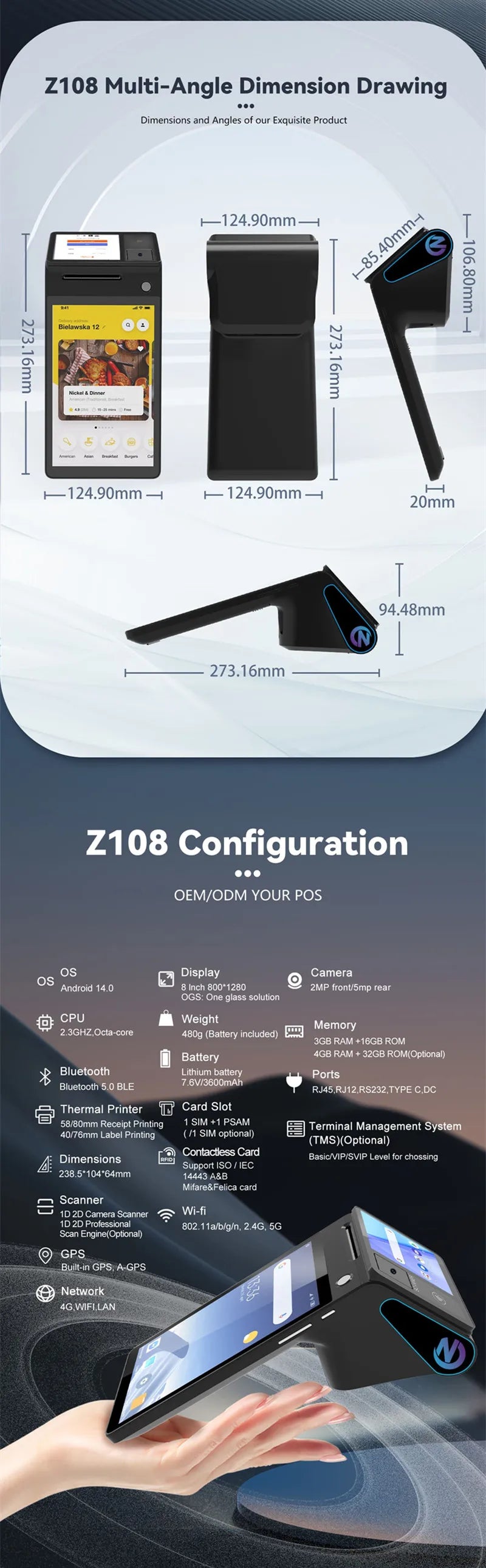 Z108 Android 14 Dual-Screen Desktop Tablet Cash Register with 8" Touch Display NFC Scanner 58/80mm Thermal Printer POS Terminal