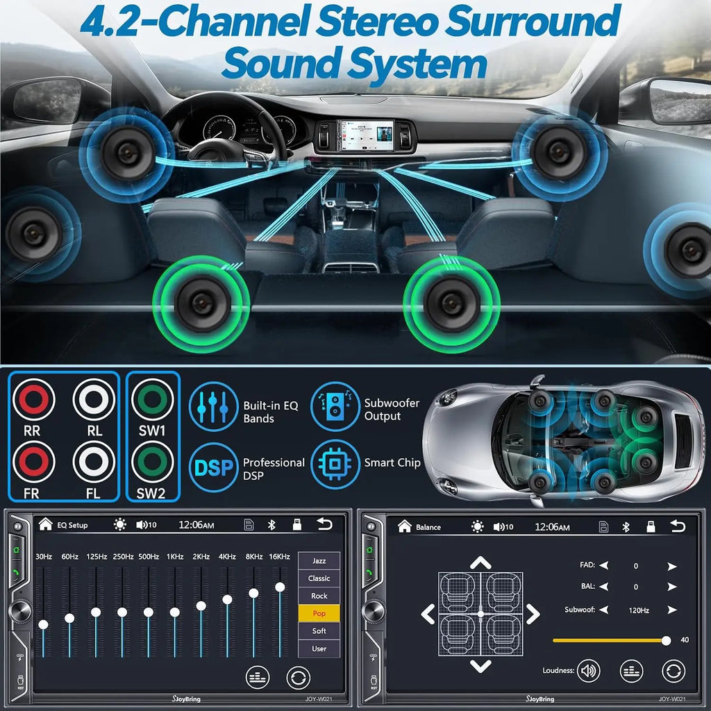 7" QLED Double Din Car Stereo with Wireless Apple CarPlay & Android Auto, Bluetooth 5.3, 240W Audio, MirrorLink, SWC, Backup Camera