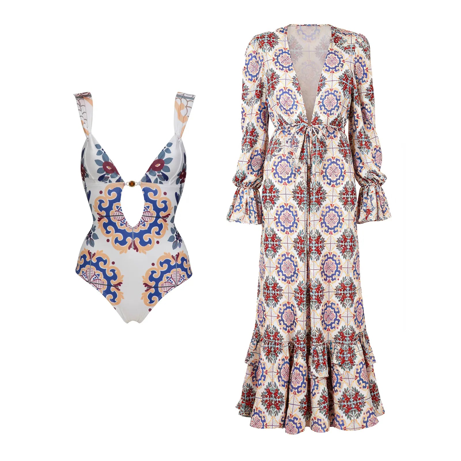 Maillot de bain 3 pièces push-up 2026 à imprimés rétro avec pantalon en maille, maillot de bain sexy pour femme, paréo de plage à bretelles