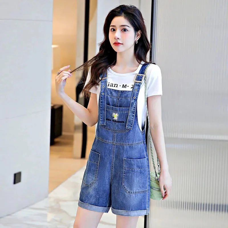 Salopette en jean coréen pour femme, short à bretelles, salopette rétro en jean ample pour étudiantes, pantalon à bretelles brodé décontracté avec poches, pour l'été
