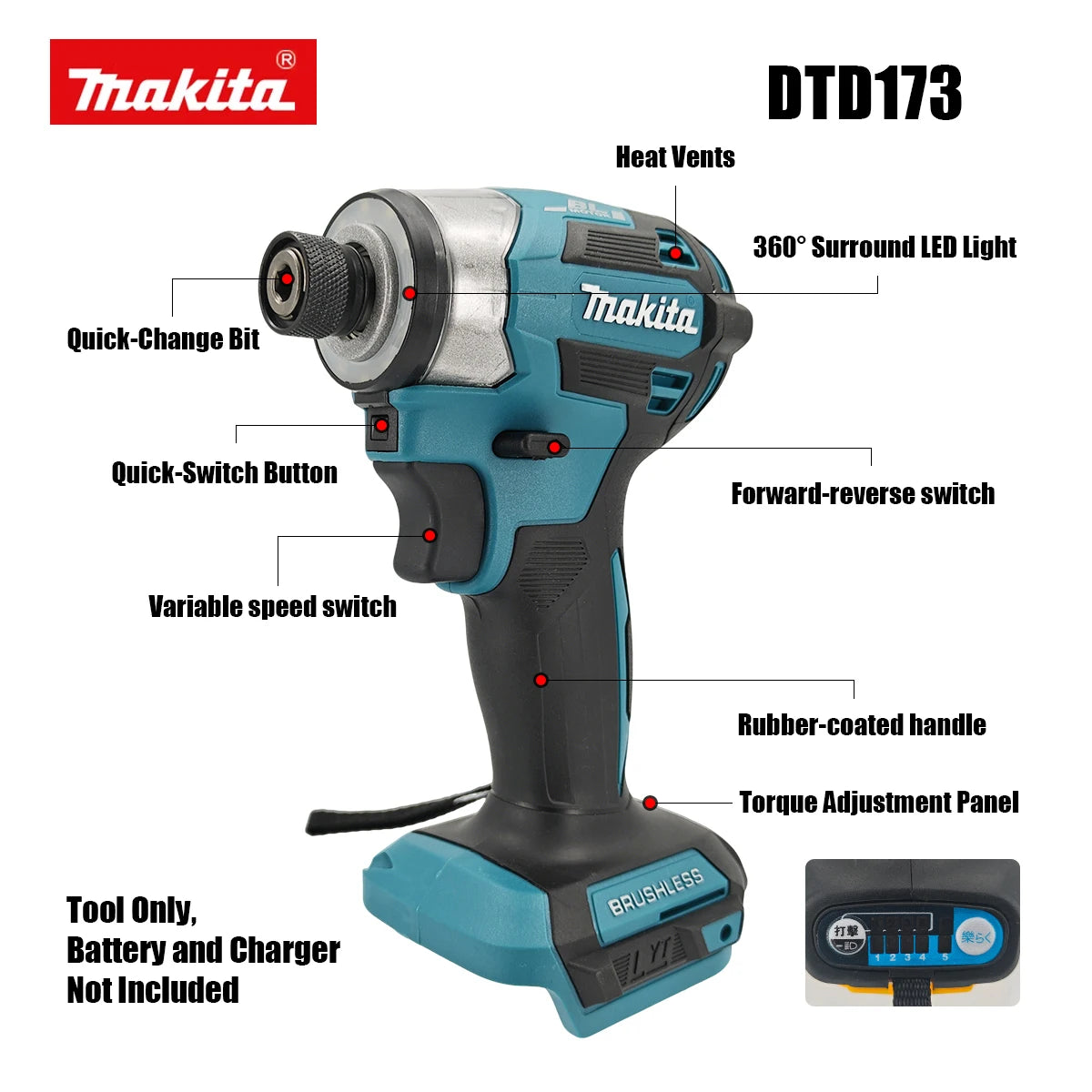 Makita DTD173 180Nm 18V Brushless Impact Driver with Ring Light Max Torque Cordless Power Tool for Screw Bolt Wood Home DIY