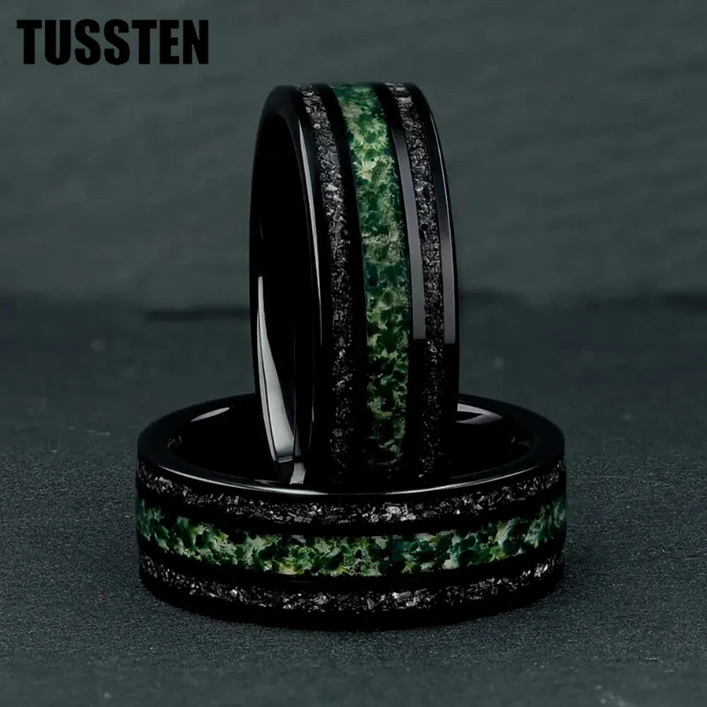 TUSSTEN 8MM Men's and Women's Wedding Tungsten Ring Inlaid Moss Agate And Meteorolite Inlay Comfortable Fit