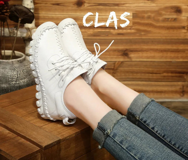 Handmade Genuine Leather Women Shoes Fashion Casual Sneakers Retro Flats Ladies Lacing Loafers Breathable Vulcanized Shoes