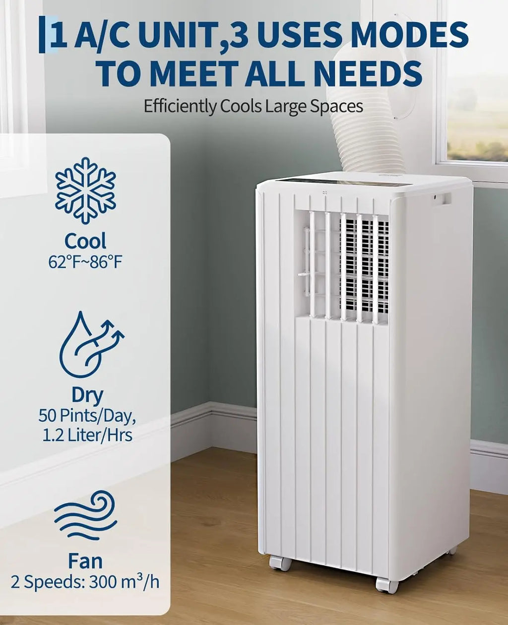 Portable Air Conditioner 8000 BTU, 3-in-1 Cool, Dehumidify & Fan, Covers Rooms Up to 350 Sq. Ft, Quiet Sleep Mode, Energy-Saving 24-Hour Timer, Includes Remote Control and Full Window Kit, White