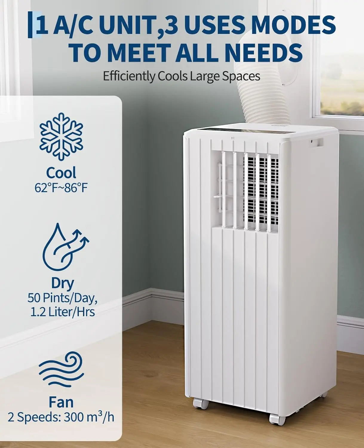 Portable Air Conditioner 8000 BTU, 3-in-1 Cool, Dehumidify & Fan, Covers Rooms Up to 350 Sq. Ft, Quiet Sleep Mode, Energy-Saving 24-Hour Timer, Includes Remote Control and Full Window Kit, White
