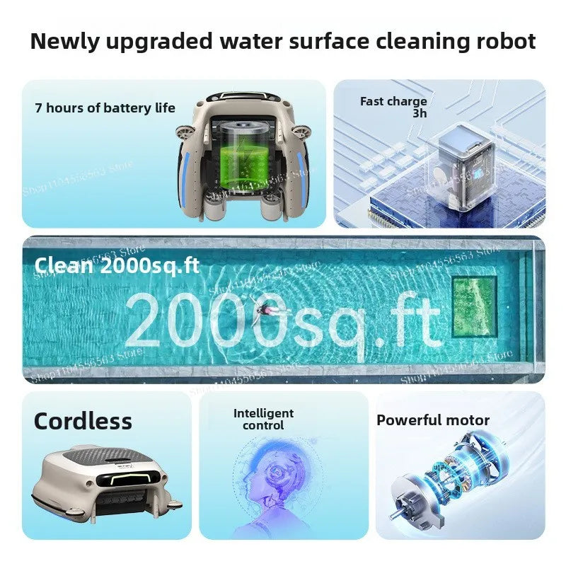 Wireless Automatic Surface Skimmer Pool Cleaning Robot – Floating Debris Collector with Leaf Collection for Swimming Pools
