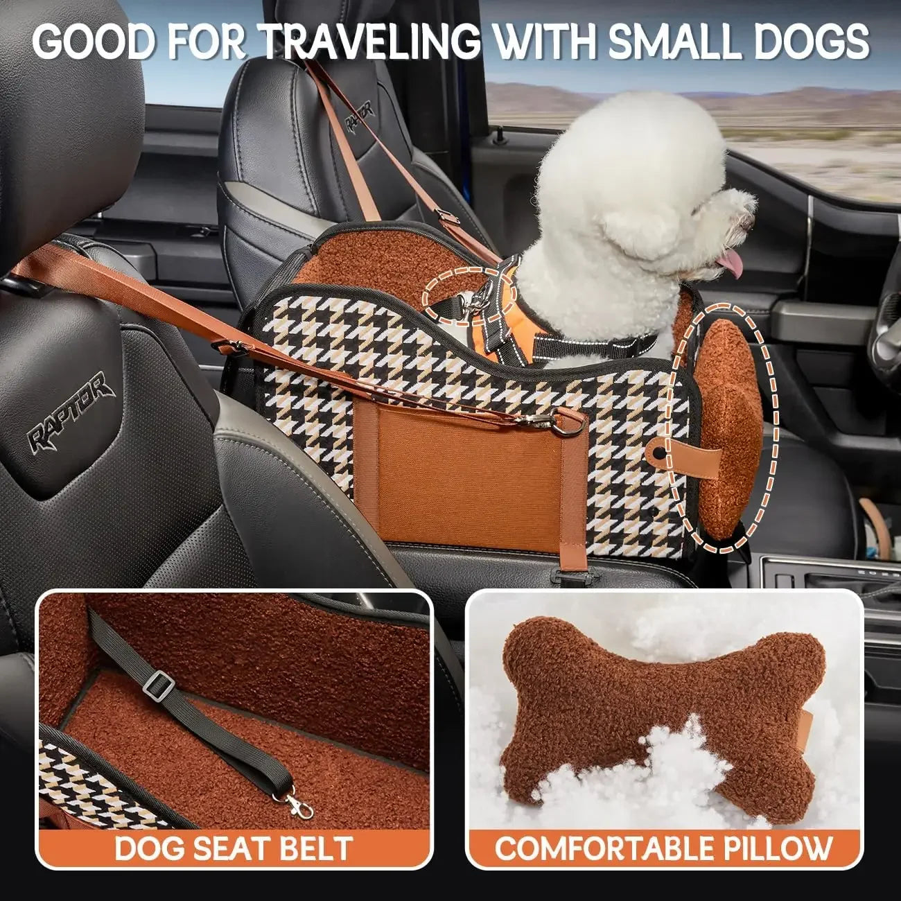 Luxury Houndstooth Pet Car Seat Oversized Booster Kennel Central Control Armrests Breathable Portable Fiber Bed Dogs