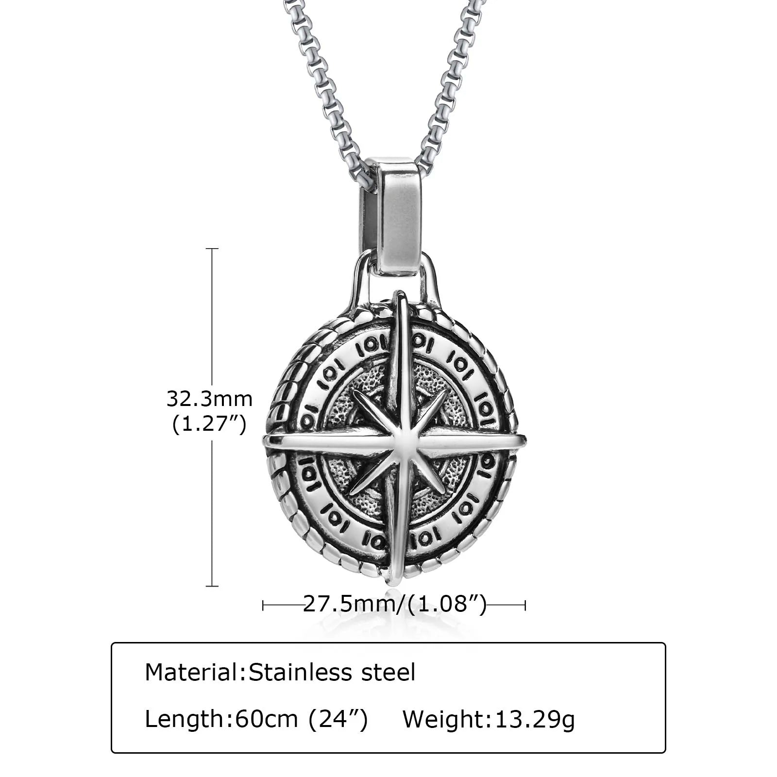 Vintage Compass Pendant Necklaces for Men Boys, Stainless Steel Coin Necklace, Rock Hiphop Collar Graduation Guide Gift
