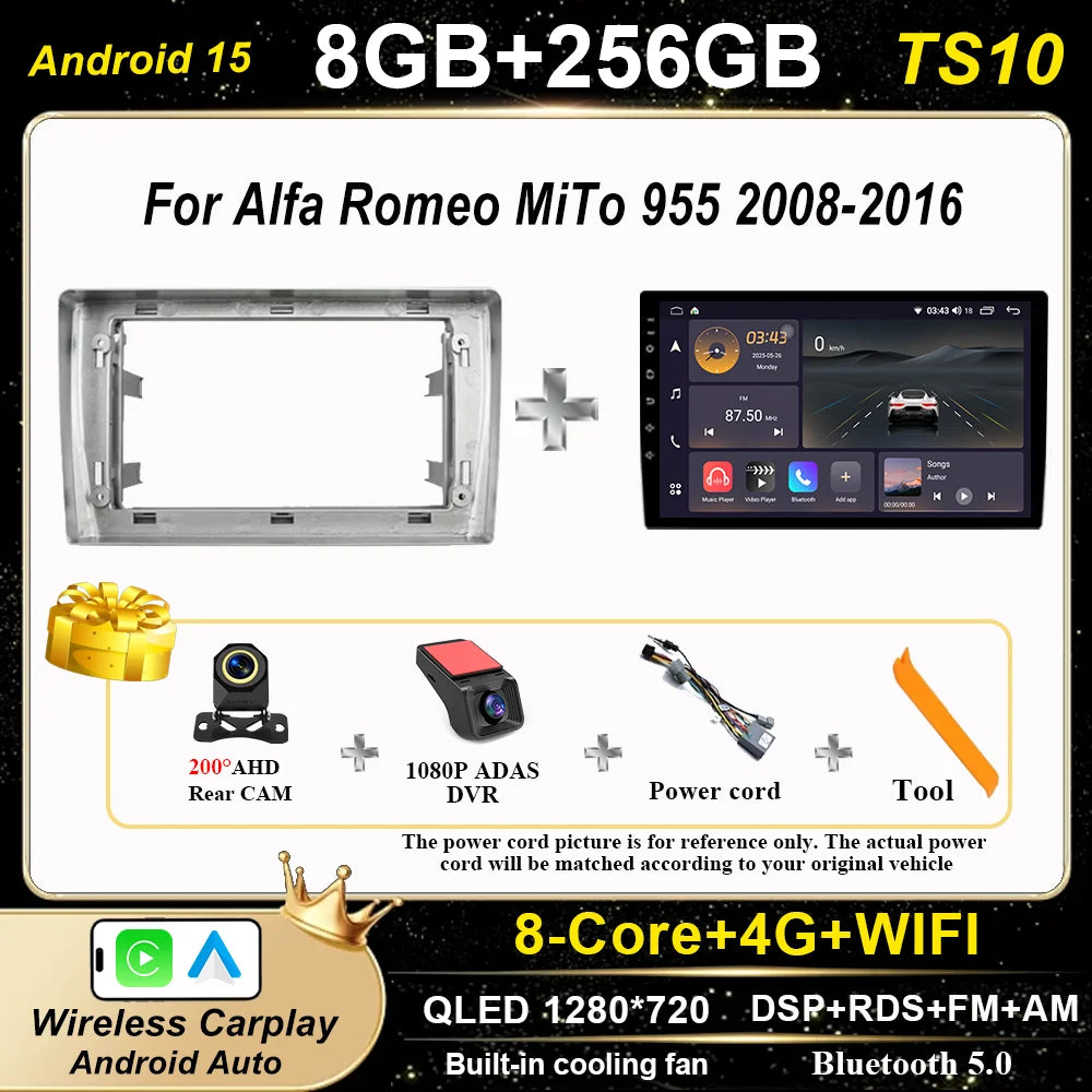Android 15 Car Radio Stereo For Alfa Romeo MiTo 955 2008-2016 Auto Cireless Carplay GPS Navigation Multimedia Video Player 2Din