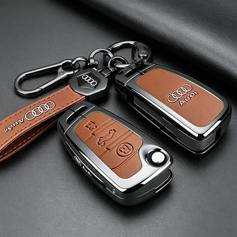 Leather Car Smart Key Case Cover Alloy Protect Shell For Audi A1 A3 A4 A5 A6 A7 A8 Quattro Q3 Q5 Q7 S4 S5 S6 S7 S8 R8 TT sticker