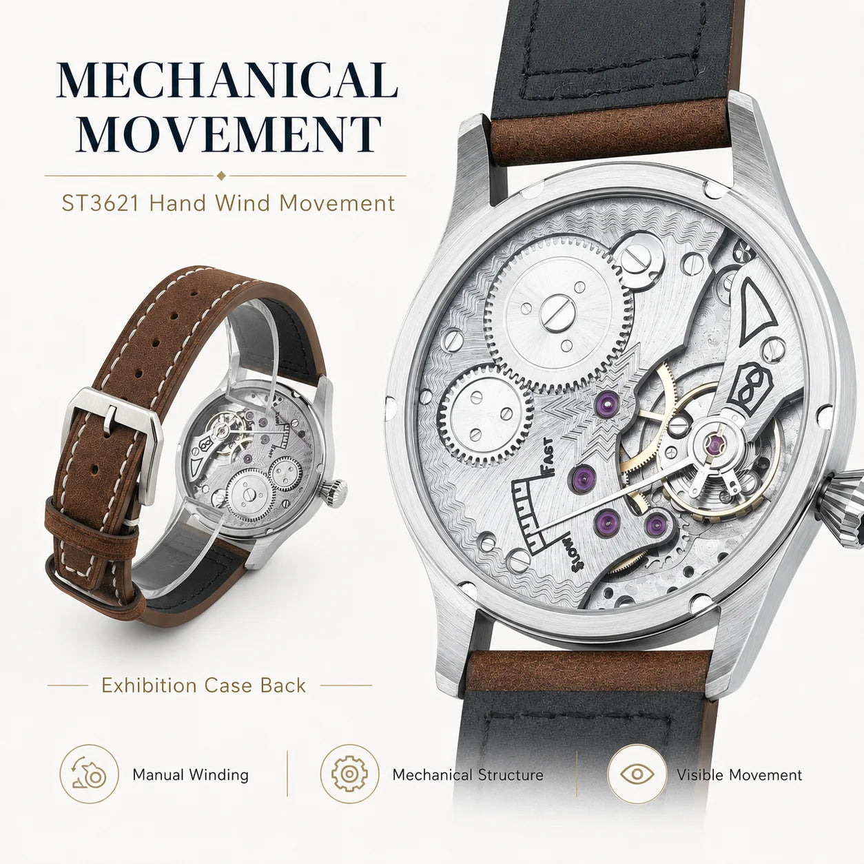 Custom CORGEUT ST3621 Mechanical Hand Wind Watch Men 42mm Personalized Name Dial Sapphire Crystal Vintage Pilot Leather Strap