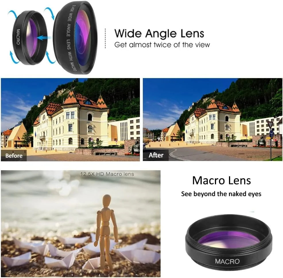 Universal Clip 2-in-1 Lens 37mm Professional 0.45X Super Wide-Angle & Macro HD for iPhone & Android Mobile Phones