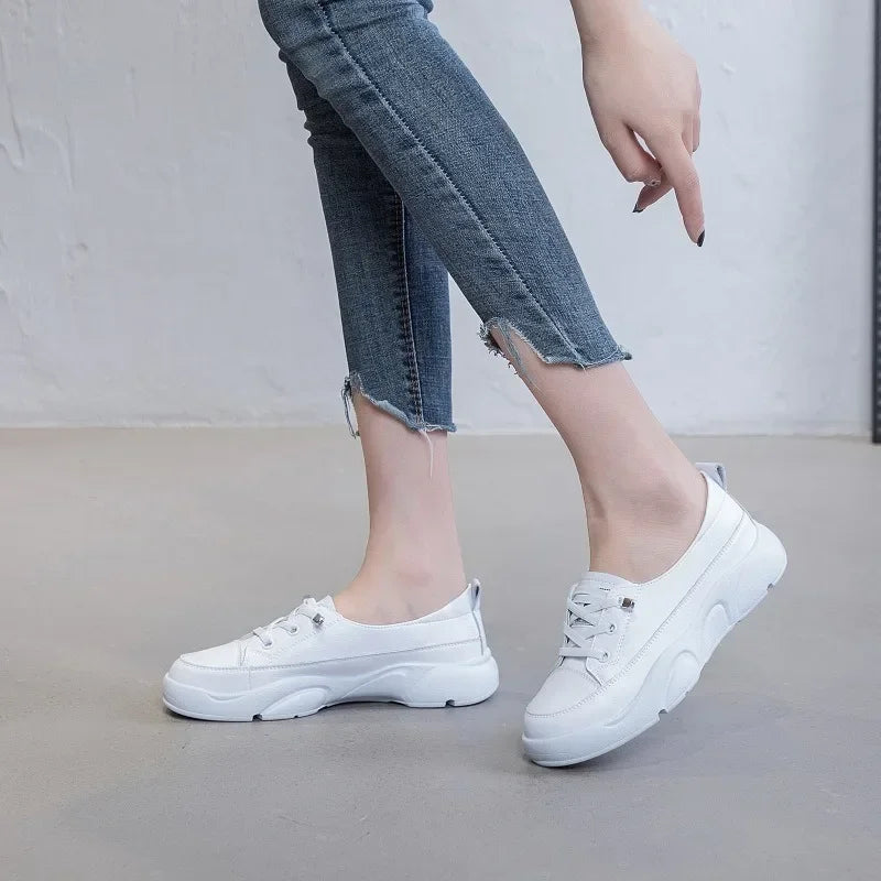 White shoes for women hollow casual shoes white flat foot covers rubber soft bottom cowhide 2026 summer new style