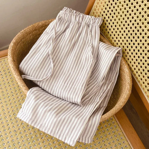 Pantalon de couchage printemps/été 2026 pour femme, 100 % coton, en gaze, à rayures, avec cordon de serrage, ample et fin, pour la maison.