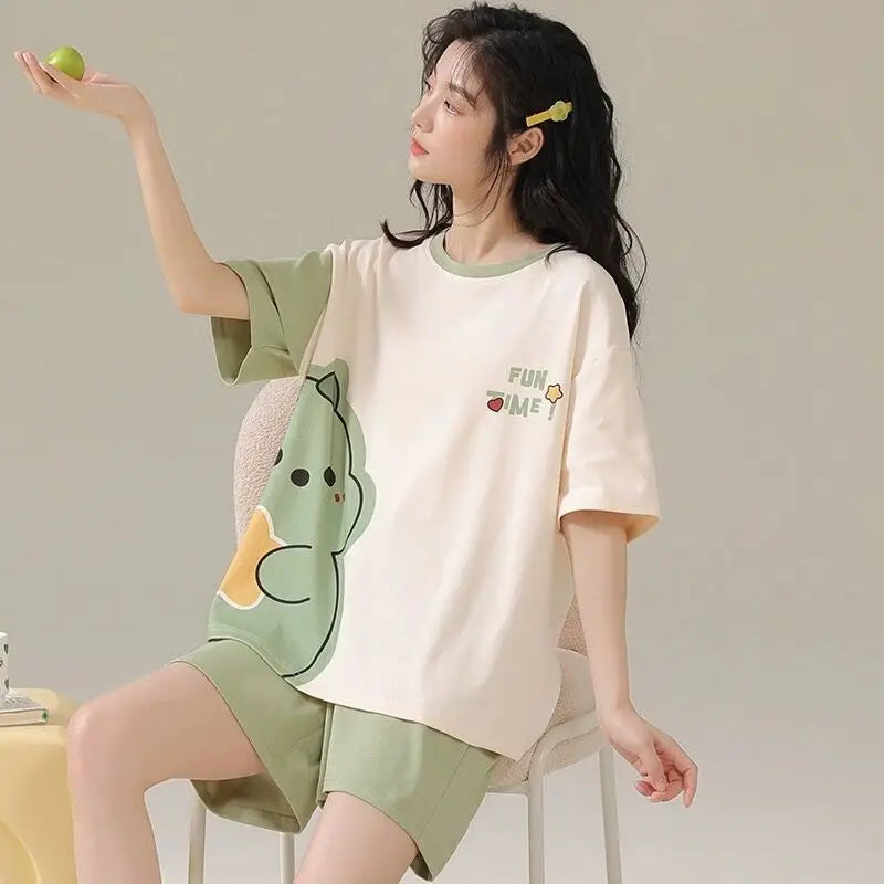 Women's Summer Short-Sleeved Short Pants Set, Youthful Teenage Student Oversized Loose-Fitting Casual Homewear Summer Set