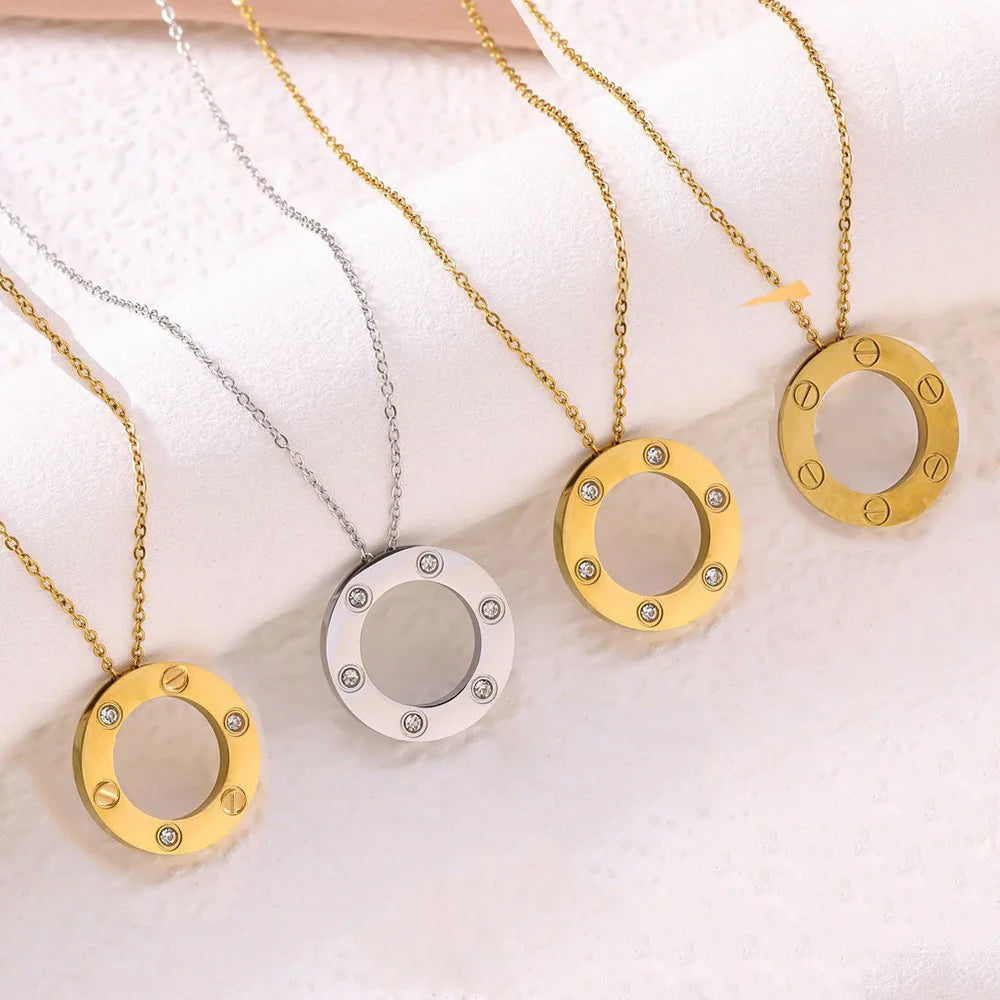 Stainless Steel Six Zircon Hollow Circle Fashion Style Men Chain Necklace For Women Jewelry Collar Pendant Friends Gifts