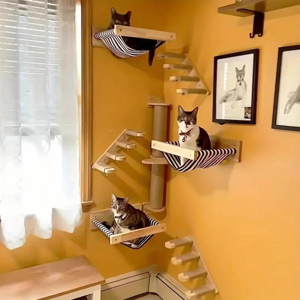 Wall Mounted Cat Climbing Shelves Cat House Cat Bridge Cat Hammock with Scratching Post and Pedals or Stairway for Kittens