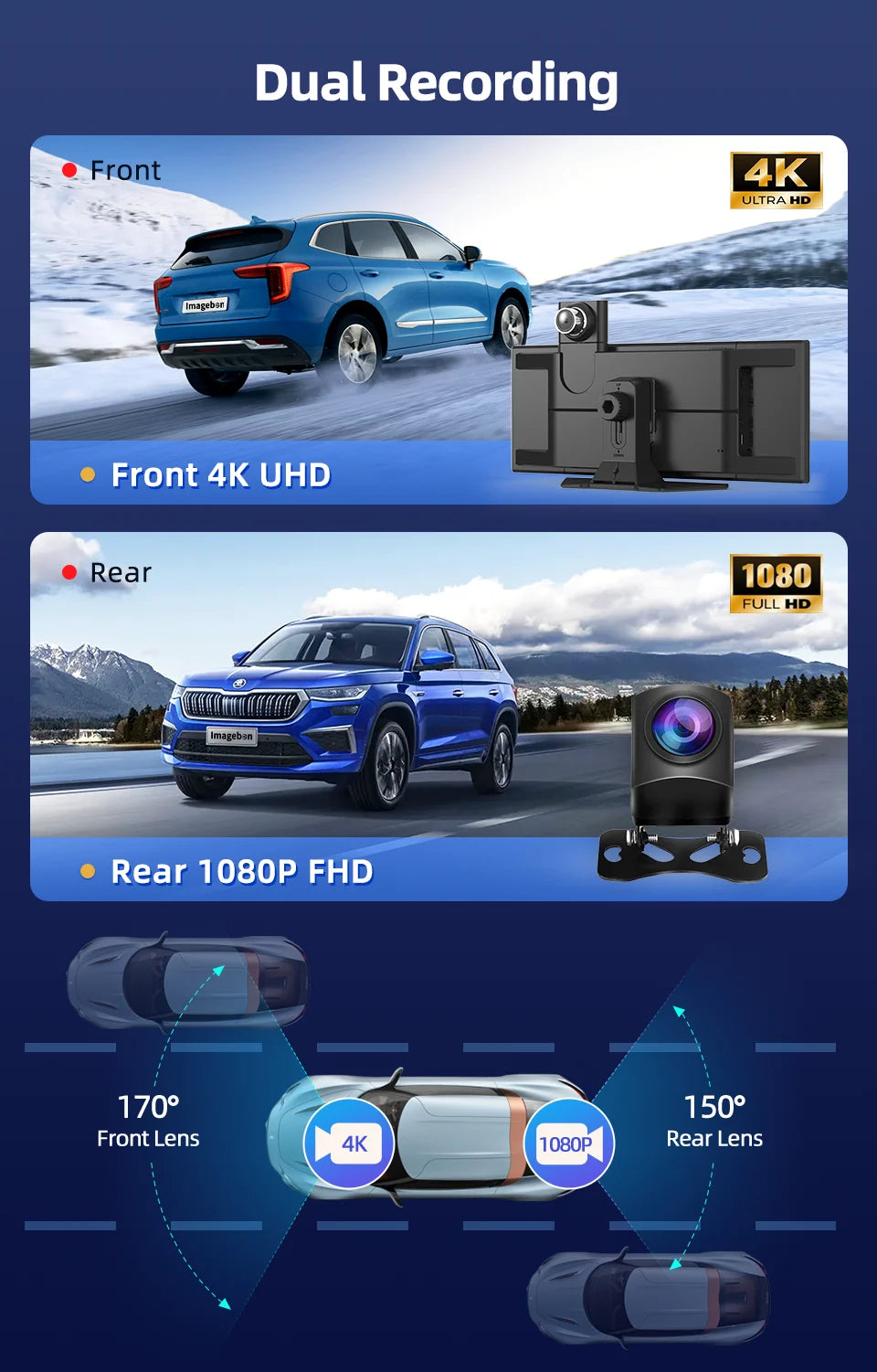 Imagebon H70 Plus 11.4" 4K QLED Car DVR Wireless CarPlay & Android Auto ADAS Dash Cam WiFi AUX GPS Navigation Loop Recording