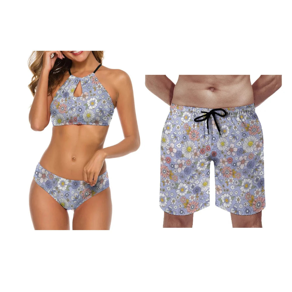 Maillots de bain d'été assortis pour couples, maillots de bain deux pièces pour femmes, motifs floraux d'été personnalisables
