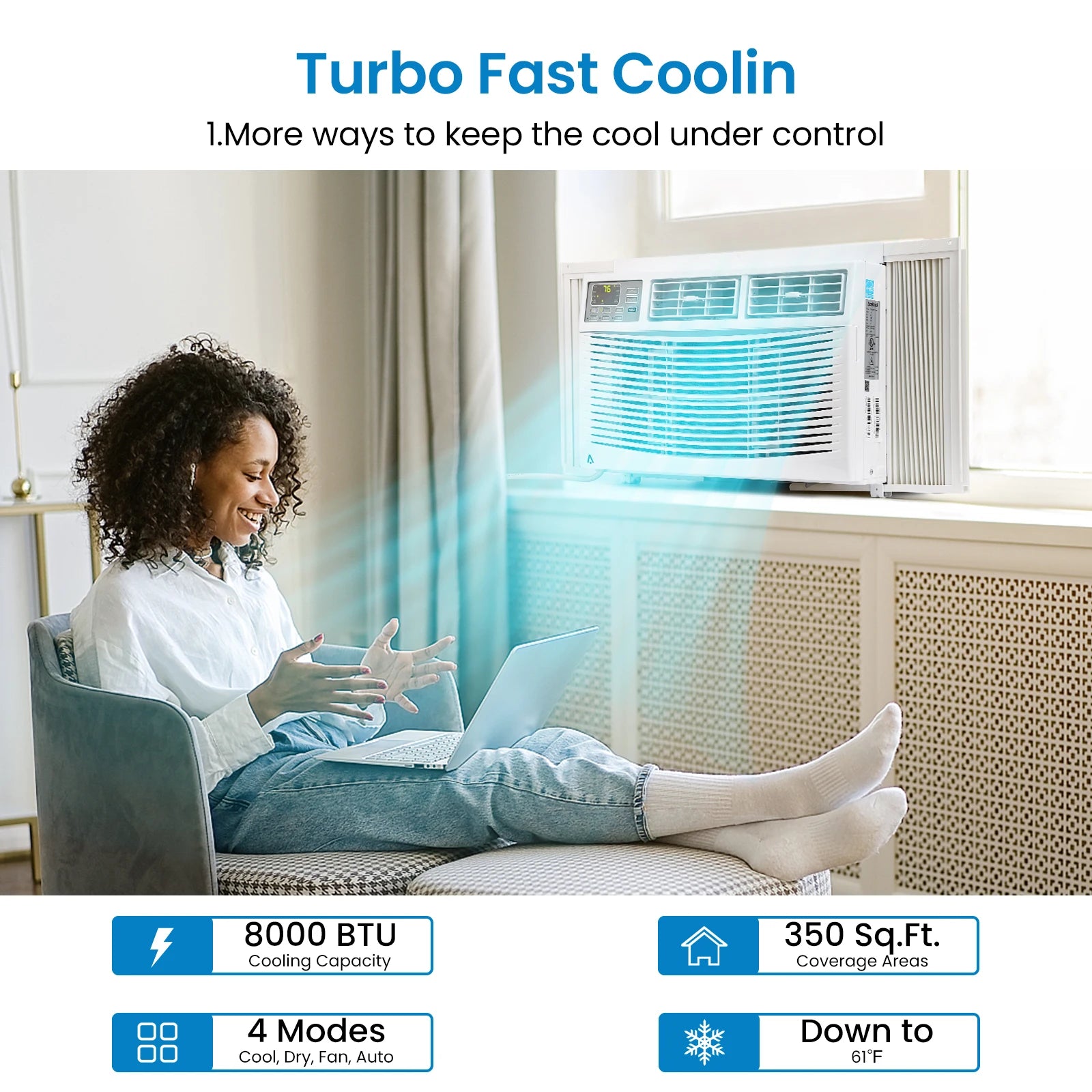 Climatiseur de fenêtre intelligent 8000 BTU avec Wi-Fi, télécommande et contrôle - 3-en-1 avec déshumidificateur, 3 vitesses de ventilation, minuterie 24H - pour chambre, bureau ou maison, ultra silencieux et efficace, jusqu'à 32,5 m²