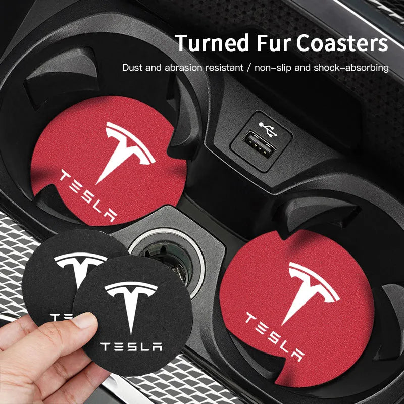 2Pcs Car Coaster Suede Mat Water Cup Anti-slip Pad Auto Interior For Tesla Model 3 Highland 2023 Model S Model X Model Y