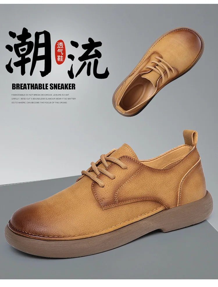 Men's Shoes 2026 Spring New Wide Head Genuine Leather Men's Shoes Breathable Trendy Retro Casual Leather Shoes Men