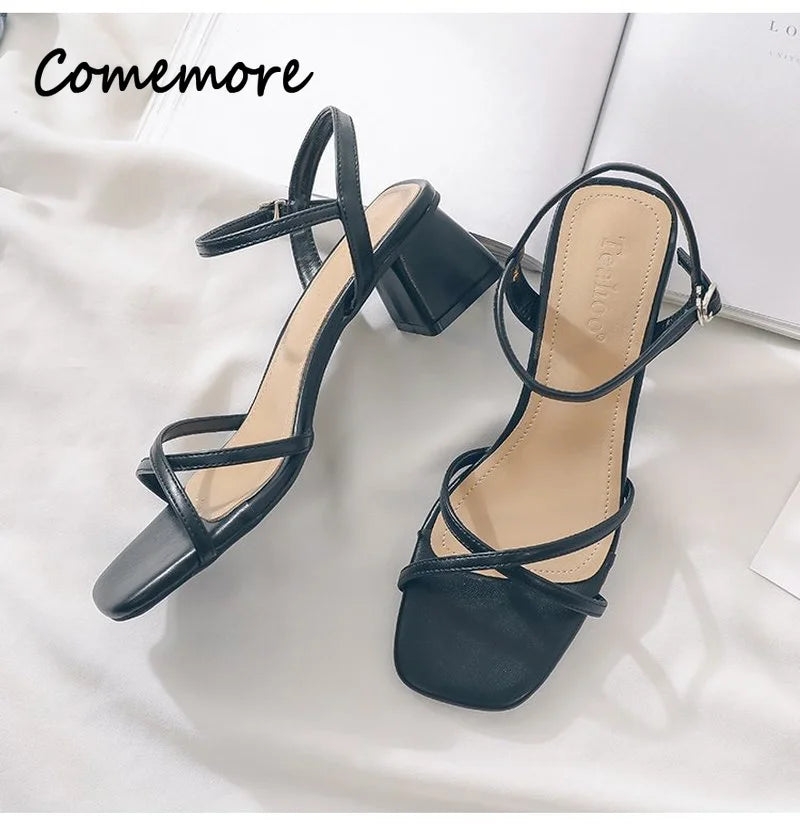 Comemore Comfortable 2023 Summer Block Heel Women's Sandals Girl Shoes Black Outer Wear Fashion Elegant Medium Heels Footwear 40
