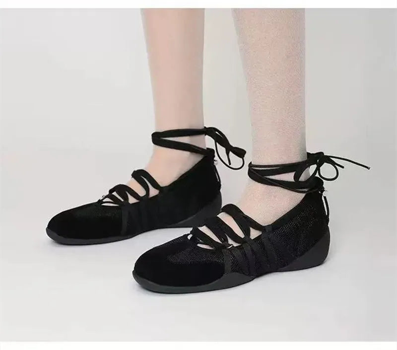 Ins style Fashion Air Mesh Cross-tied Women Ballet Sneakers Comfortable Soft Sole Sports Walking Loafers Casual Flats Shoes