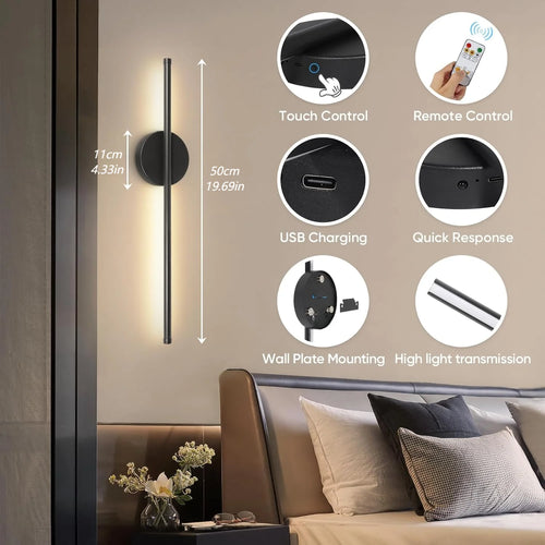 2 appliques murales à piles, lampe rechargeable sans fil noire avec télécommande, éclairage mural sans fil à intensité variable pour la décoration de la pièce