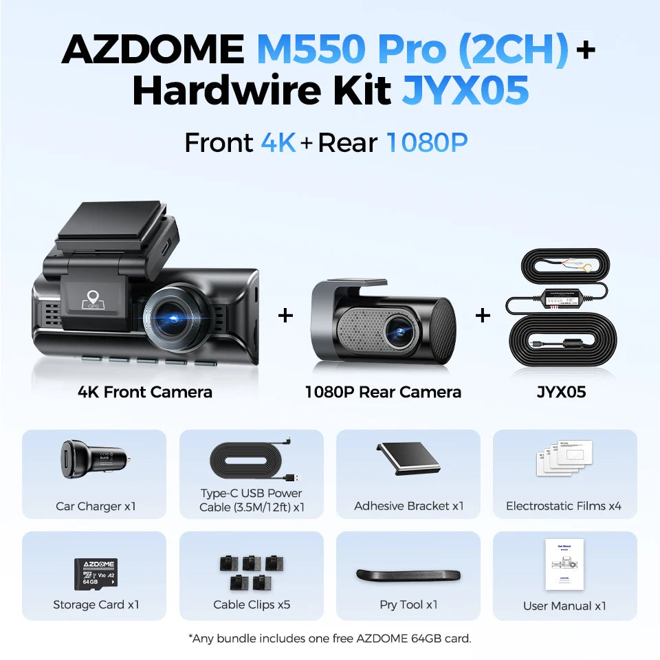 AZDOME M550 Pro Dash Cam Car DVR 5.8Ghz WiFi 3.19" IPS 2 or 3 Channel Dash Camera GPS Night Vision Dual 4K+1080P Parking Monitor