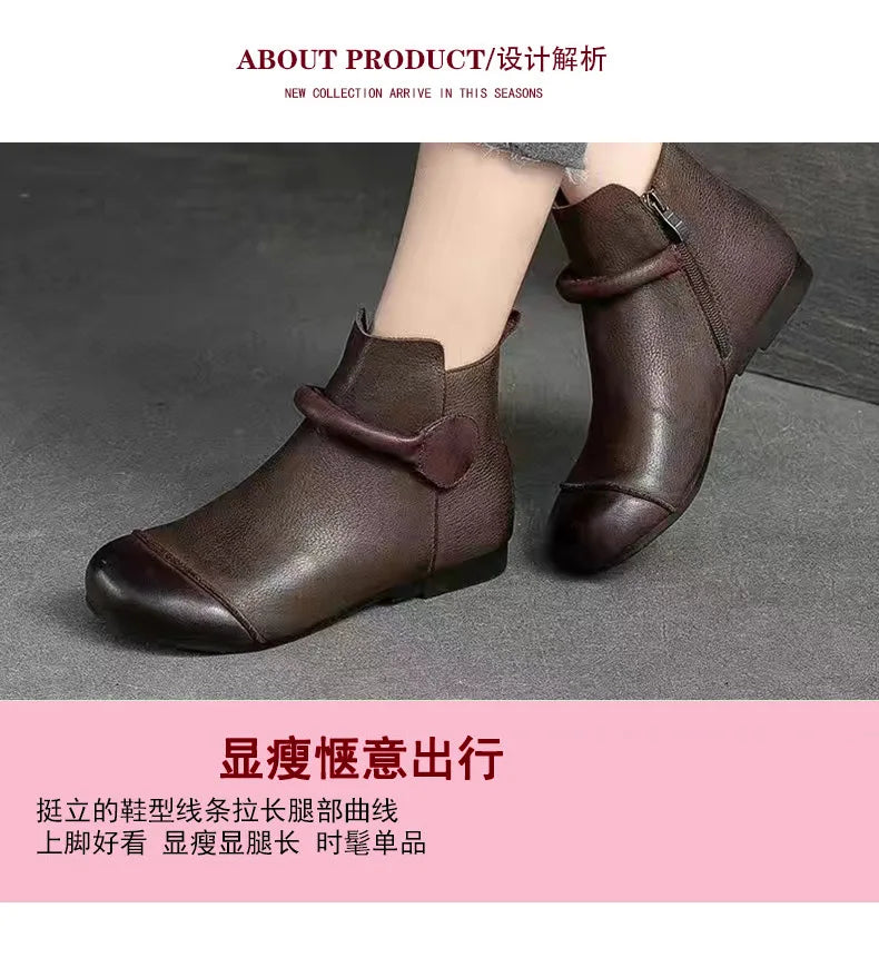 Retro Women Short Ankle Boots Autumn Winter Faux Cow Leather Slip-on Shoes Handmade Round Toe Light Weight Flat Booties