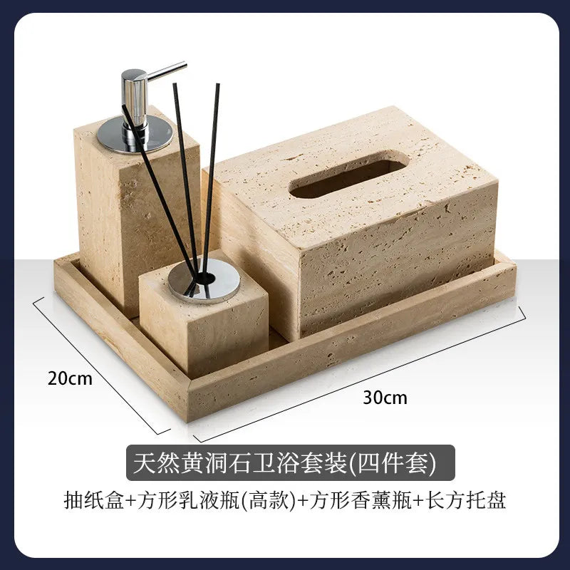 4Pcs Natural Travertine Bathroom Set Wabi Sabi Minimalist Soap Dispenser Tissue Box Luxury Hotel Show House Organizer Decor