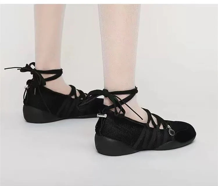 Ins style Fashion Air Mesh Cross-tied Women Ballet Sneakers Comfortable Soft Sole Sports Walking Loafers Casual Flats Shoes