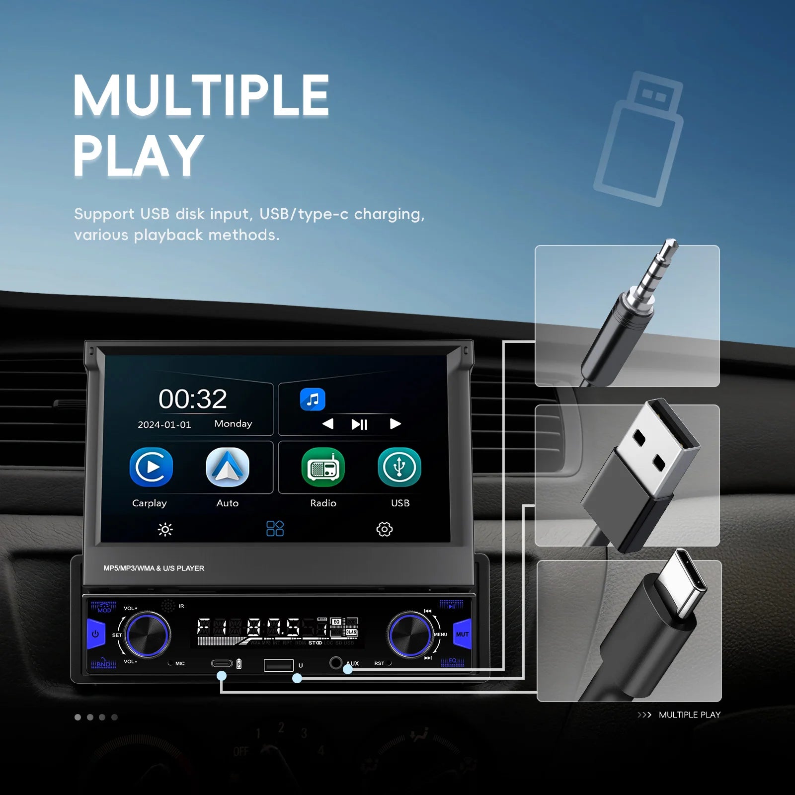 Podofo 7'' 1Din Retractable Screen EQ Sound FM/AM/RDS Multimedia Player Carplay Android Auto Bluetooth Type-C USB SWC Car Audio