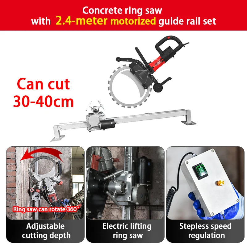 220V-240V  Concrete Ring Saw with 2.4M Track  High Power Electric Wall Cutter  Cuts up to 30‑40 cm Concrete Brick Stone