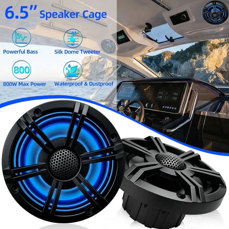 1pcs 6.5 Inch Marine Speaker 800W Coaxial Speaker Colorful HIFI Light Waterproof IP-66 Loudspeaker For RV Yacht Fishing Boat