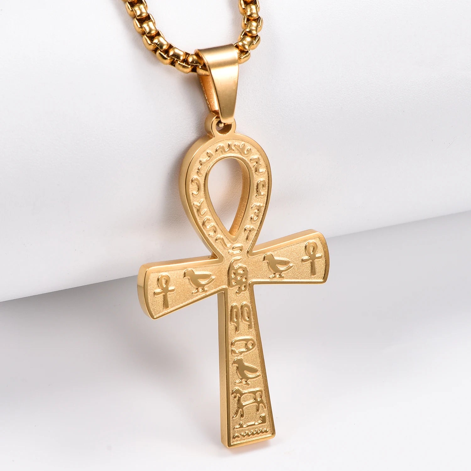 Stainless Steel Ancient Egyptian Ankh Cross Pendant Necklace Silver/Gold Color Painted Bird Animal Totem Jewelry Gift
